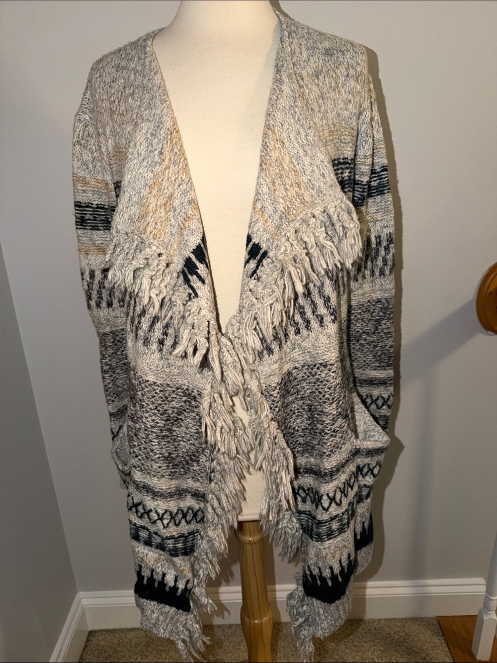 CAbi Fringed Open-Front Cardigan in Cream, Gray & Black